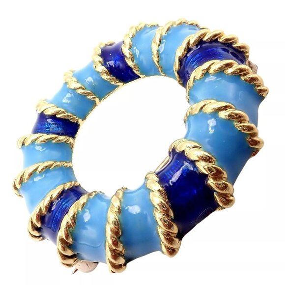 Rare! Vintage Tiffany & Co 18k Yellow Gold Blue Enamel Circle Rope Brooch Pin - Picture 4 of 13